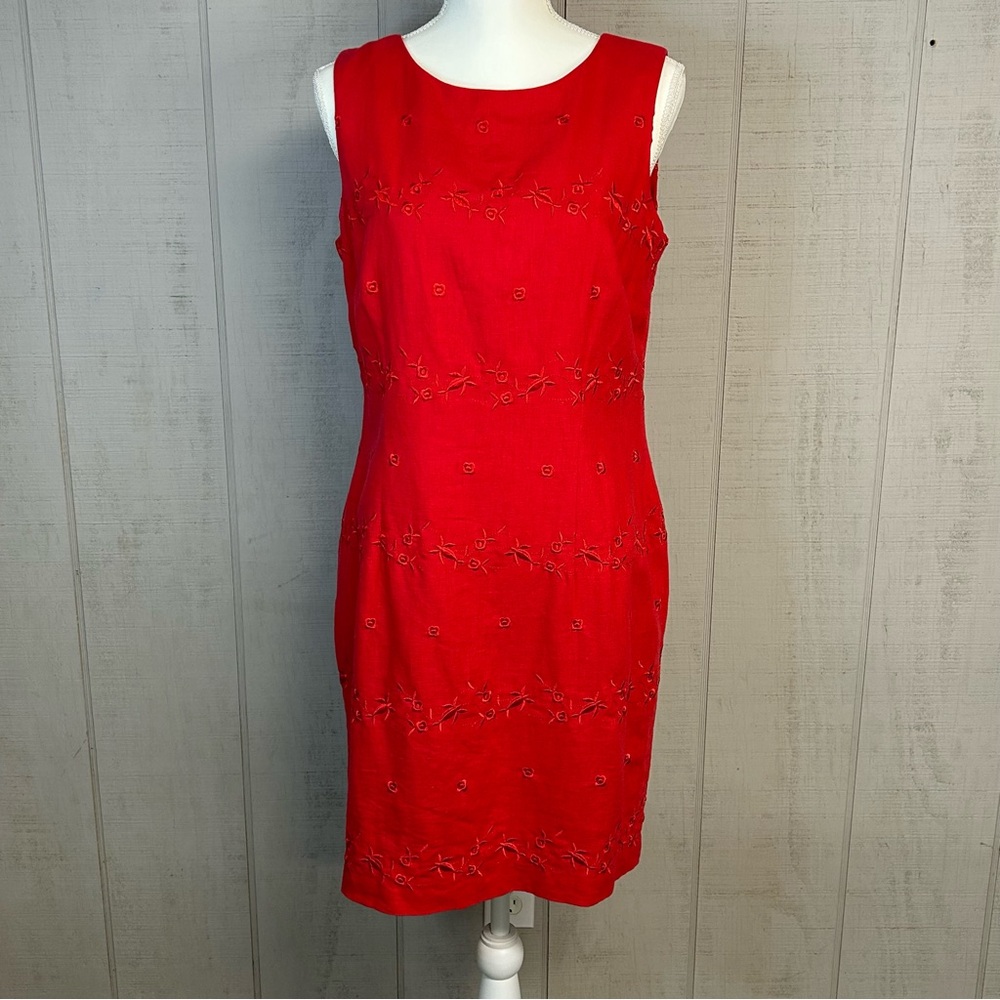 Vintage Linen Blend Midi Dress Sz 12 Sleeveless Floral Embroidery Romantic Red - Picture 1 of 11